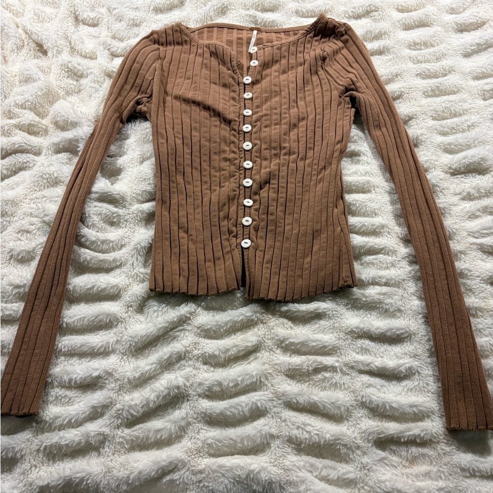Free People Beige Button-Down Ribbed Top - Picture 2 of 6